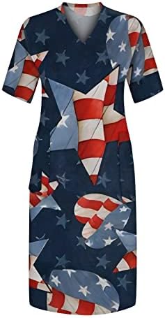 ayaso Bağımsızlık Günü Bayan Kısa Kollu Amerikan Bayrağı Grafik Baskı Elbise Gevşek Fit Artı Boyutu Diz Cep Dökümlü Elbise