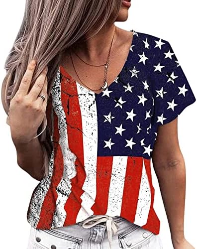 4th Temmuz Gömlek Kadın ABD Bayrağı Yaz Kısa Kollu O Boyun Tunik Üstleri Yıldız Çizgili Gevşek Fit Rahat Tatil Tee gömlek