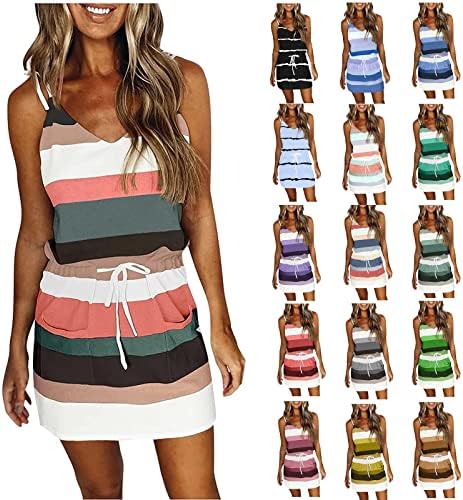 YUTANRAL Bayan Plaj Elbiseleri 2023 Yaz Rahat Moda Tatil Spagetti Sapanlar Güneş Çizgili Baskı İpli Mini Elbise