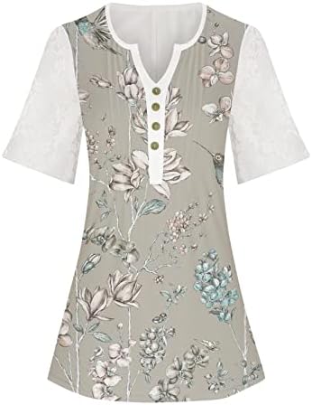 Bayan Dantel Kısa Kollu Sevimli Çiçek Düğme Kırpma Gömlek Tunik Üstleri 2023 Yaz Casual Bluzlar Tayt