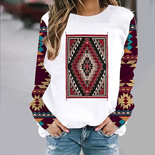 Batı Aztek Etnik Baskılı T Shirt kadın Sonbahar Moda Kazak Tişörtü Patchwork Uzun Kollu Gömlek Gevşek Üstleri