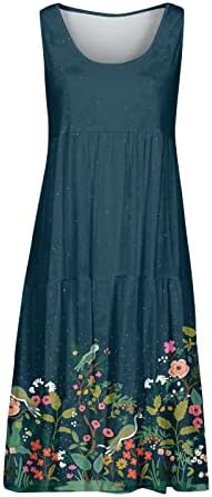 Kadın Yaz Casual Kolsuz Mini Elbise Ekip Boyun Yüksek Bel Katmanlı Çiçekli Elbise Gevşek Salıncak Pilili Yensiz