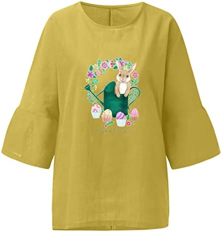 Kadınlar Mutlu Paskalya T Gömlek Casual 3/4 Kollu Sevimli Tavşan Grafik Tshirt Pamuk Keten Tees En Gevşek Casual Bluzlar