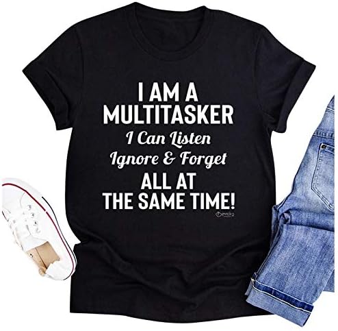 Ben Bir Multitasker T-Shirt Kadın Komik Mektup Baskı Ekip Boyun Üstleri Yaz Kısa Kollu T Shirt Tatil Rahat Bluz