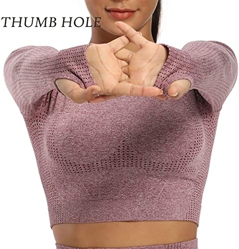 GYMSPT Dikişsiz Uzun Kollu Kırpma Üst Kadınlar için Egzersiz Spor Spor Giyim Thumb Delik Tee Streç