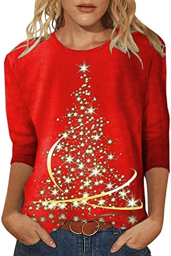 Günlük Noel Ağacı Baskı Ekip Boyun T Gömlek O Boyun Tops Üç Çeyrek Kollu Yuvarlak Boyun Tee Gömlek Cep Tişörtleri ıçin