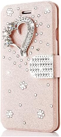 ıPhone 11 - Heart - Pink - 3D ile Uyumlu Peri Sanat Kristal Cüzdan Telefon Kılıfı Ekran Koruyucu ve Boncuklu Telefon Kordon