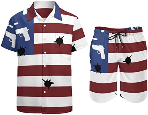 Amerikan Bayrağı Silahlar ve Kurşun Delikleri erkek 2 Parça Plaj Kıyafetleri Hawaiian Düğme Aşağı Kısa Kollu Gömlek ve Şort