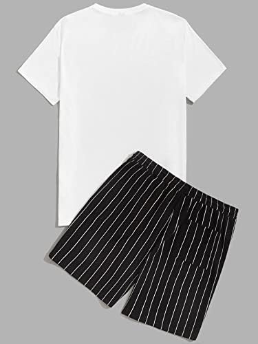 OSHHO İki Parçalı Kıyafetler Erkekler için Erkekler Mektup Grafik Üst ve Yamalı Detay Çizgili Şort (Renk: Siyah ve Beyaz,