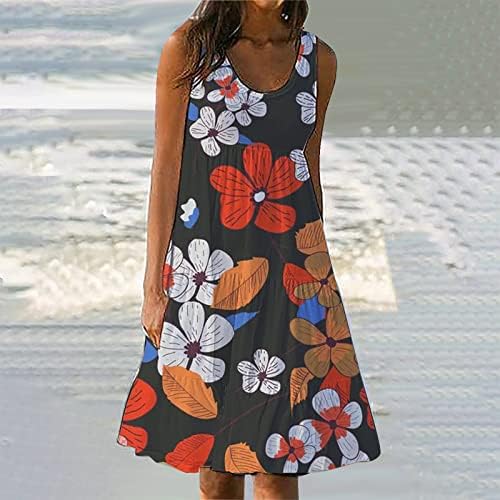 Fragarn Yensiz Kadınlar için Rahat Plaj, kadın Yaz Çiçek Baskı Plaj Elbise Yuvarlak Boyun Kolsuz Elbise