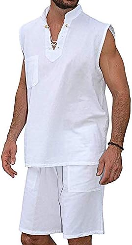 BEIBEIA erkek Pamuk Keten Kıyafetler Setleri, 2021 Yaz Tankı Üstleri ve şortlar seti Moda Serin Hippi Gömlek Kolsuz Takım