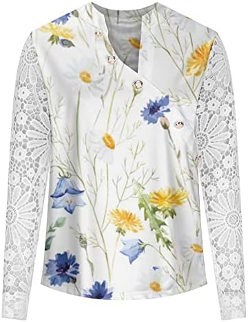 Kadın Üstleri ve Bluzlar Artı Boyutu Çiçek Gömlek Moda Dantel Kesme Uzun Kollu Düğme V Yaka T-Shirt Kazak