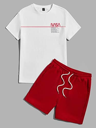 OSHHO İki Parçalı Kıyafetler Erkekler için Erkekler Sloganı Grafik Tee ve İpli Bel Şort (Renk: Kırmızı ve Beyaz, Boyutu: