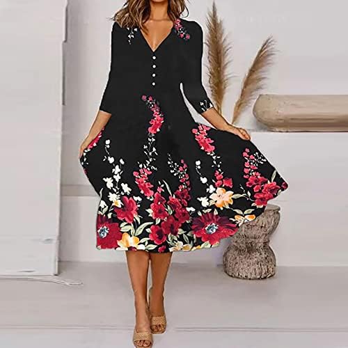 ZEFOTİM Elbiseler Kadınlar için 2023 3/4 Kollu Çiçek Yaz Casual Boho Gevşek Fit Midi Elbise
