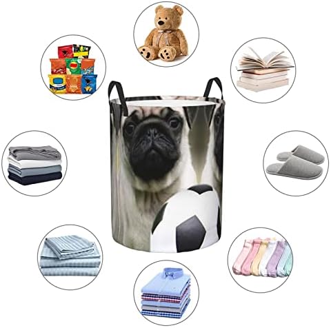 Pug Köpekler Futbol Topu Futbol Baskı Büyük çamaşır kollu sepet Katlanabilir Su Geçirmez çamaşır sepeti Yatak Odası İçin,