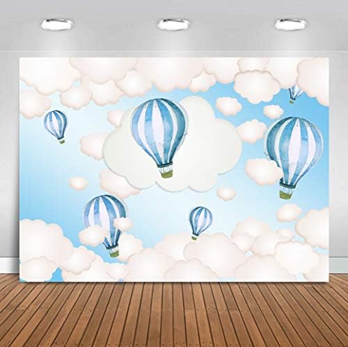 BackdropsOnline Sıcak Hava Balon Zemin Mavi Gökyüzü Beyaz Bulutlar Bebek Duş Süslemeleri Yukarı ve Uzak Seyahat Macera Doğum