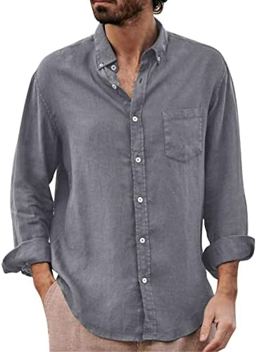 GDJGTA Erkek Kısa Nefes Rahat Düz Renk Pamuk Keten Uzun Kollu Gevşek Rahat T Shirt Üst Bluz