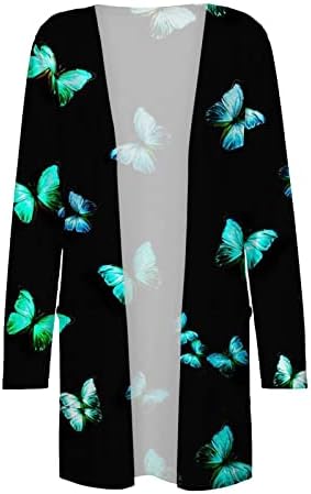 Kadın Çiçek Baskı Hırka Uzun Kollu Açık Ön Uzun Hırka Rahat Gevşek Fit Ceket Güz Dış Giyim Cepler ile