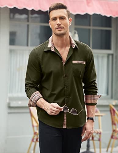 JINIDU erkek Rahat Pamuklu Elbise Gömlek Ekose Yaka Uzun Kollu Düğme Aşağı Gömlek