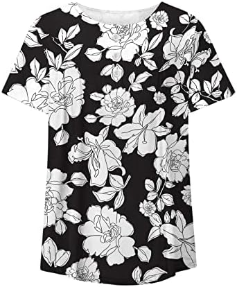 Kadın V Yaka Üstleri Çiçek Baskılı Gizlemek Göbek Tunik Yaz Rahat Kısa Kollu Gevşek Henley T-Shirt Pilili Bluzlar