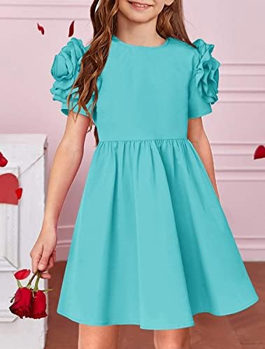 YOVİON Kızlar yaz elbisesi Zarif Puf Kısa Kollu Ekip Boyun Casual A-line Sundress 6-13Y