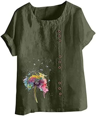 Kadın Pamuk Keten Yuvarlak Yaka Üstleri Yaz Plaj Çiçek Bluzlar Artı Boyutu Çalışma Henley Gömlek Casual Kısa Kollu T Gömlek