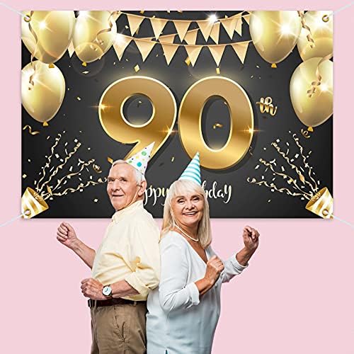 HAMİGAR 6x4ft Mutlu 90th Doğum Günü Afiş Zemin - 90 Yaşında Doğum Günü Süslemeleri Parti Malzemeleri Kadın Erkek-Siyah Altın