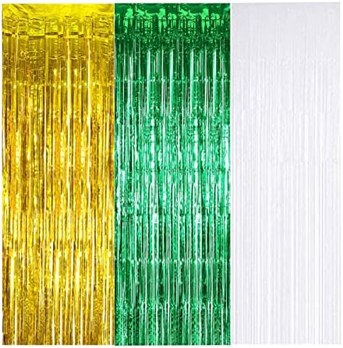 3 Paket Yeşil Altın Beyaz Cicili Bicili Folyo Saçak Perdeleri Süslemeleri, 3.2 ft x 8.3 ft Perde Patrick Günü Folyo Perdeleri