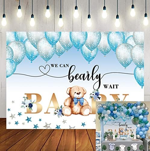 WR Ayı Bebek Duş Parti Zemin Biz Bearly Bekleyin Suluboya Mavi Balonlar Yıldız Yaprakları Arka Plan Bebek Duş Çocuk Doğum