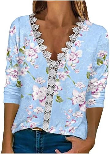 Bayan Yaz Zarif T Shirt V Boyun Tığ İşi Dantel Gömlek Çiçek Baskı 3/4 Kollu Tee Tops 2023 Casual Bluzlar