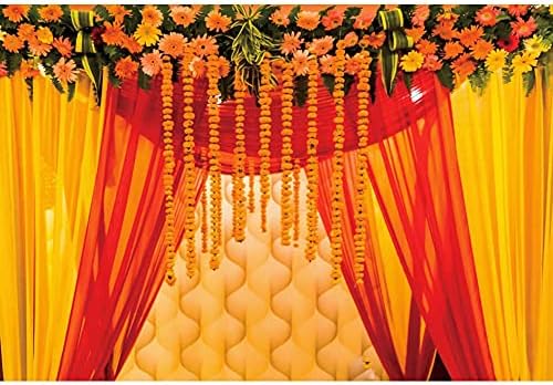 YongFoto 7x5ft Hint Geleneksel Zemin Mutlu Holi Zemin Hindu Hint Düğün Arka Plan Çiçek Çelenk Sarı Tül Perde Yıldönümü Zemin