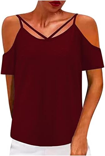 Kadın Strappy Soğuk Omuz T Shirt Yaz Seksi Spagetti Sapanlar Tunik Bluz Casual Kısa Kollu Düz Renk Üst