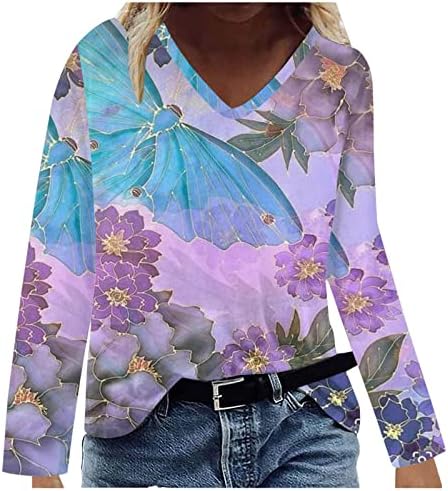 Güz Bayan Uzun Kollu Artı Boyutu Üstleri V Boyun Rahat Egzersiz T Shirt Gevşek Çiçek Boyama Tunik Temel Tee Henley Üst