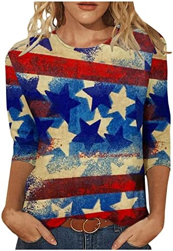 Kadın Amerikan Bayrağı Gömlek 4th Temmuz Vatansever Gömlek ABD Yıldız Çizgili 3/4 Kollu T-Shirt Yaz Rahat sıfır yaka bluzlar