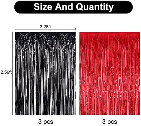 Kırmızı Siyah Doğum Günü Partisi Dekorasyon Seti ile 6 adet Kırmızı ve Siyah Metalik Tinsel Folyo Saçak Perdeleri 3.28 ft